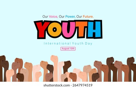 International Youth Day horizontal banner design with raised hands.
