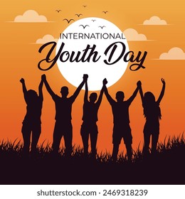 International Youth Day. Image of people standing on sunset background. Creative concept for Youth and Friendship Day Poster, Banner Design. vector illustration.