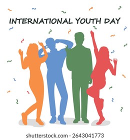 International Youth day. People celebrating party vector illustration. Friends having fun with confetti
