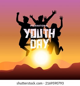 Afiche del Día Internacional de la Juventud ilustración vectorial con silueta de personas saltando sobre la puesta de sol