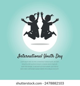 International Youth Day template with silhouette of a teenage boy and girl jumping happily