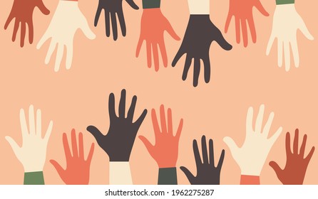 International Youth Day. Voting in elections. Fight for equal rights. Silhouettes of hands of guys and girls of different nationalities and religions. Festive poster in pink colors. Vector graphics.