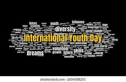 Dia Internacional da Juventude Word Cloud Apresentando Palavras-chave sobre os jovens, o futuro, o empoderamento e a celebração global. Design ideal para mídia social, capa, banner, folheto, anúncios.
