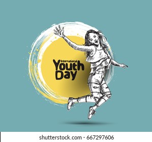 International Youth day,12 August, Hand Drawn Sketch Vector illustration.