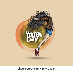 International Youth day,12 August, Hand Drawn Sketch Vector illustration.