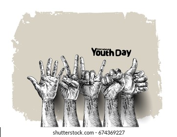 International Youth day,12 August, Hand Drawn Sketch Vector illustration.