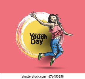 International Youth day,12 August, Hand Drawn Sketch Vector illustration.