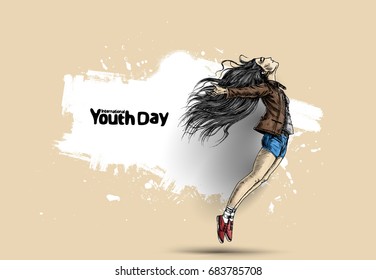 International Youth day,12 August, Hand Drawn Sketch Vector illustration.