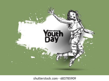 International Youth day,12 August, Hand Drawn Sketch Vector illustration.