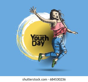 International Youth day,12 August, Hand Drawn Sketch Vector illustration.