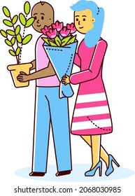 Internationality modern family couple, female hold bouquet flower and male carry home pot plants line flat vector illustration, isolated on white.