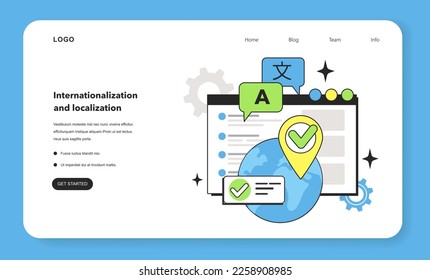 Internationalization and localization testing technique web banner or landing page. Software testing methodology. IT specialist searching for bugs. Web and app development. Flat vector illustration