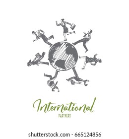 Internationl partners concept. Hand drawn businessmen all over the world. Business partners isolated vector illustration.