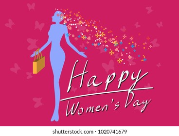 Internationnal Happy Women's Day shopping bag on hand and blue shape women. Hand Writing. 8 March.Vector illustration