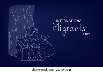Internatuinal Migrantsday. Multicolored Vector dark mode horizontal flat doodle illustratuon for social media banner, poster.
