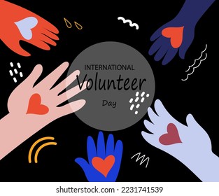 Internatuinal volunteer day awareness. Colorful palms hold red hearts.Vector dark mode flat doodle illustratuon for banner, poster