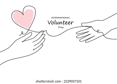 Internatuinal volunteer day awareness. Continuous line palms hold hearts.Vector doodle illustratuon for banner, poster social media