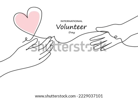 Internatuinal volunteer day awareness. Continuous line palms hold hearts.Vector doodle illustratuon for banner, poster social media