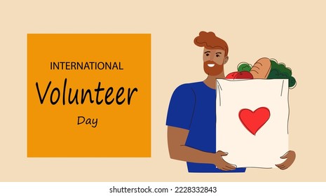 Internatuinal volunteer day, illustration of a man making a donation. Vector cartoon doodle flat banner for social media