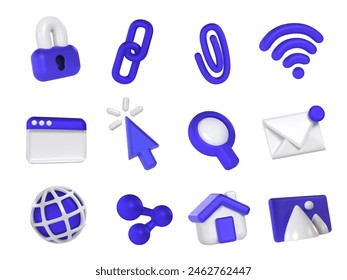 Internet 3d icons. Security padlock, web chain link, browser window, cursor click, search magnifying glass, email envelope, wireframe globe, icon set of security and protection illustration vector