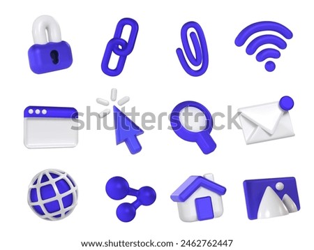 Internet 3d icons. Security padlock, web chain link, browser window, cursor click, search magnifying glass, email envelope, wireframe globe, icon set of security and protection illustration vector
