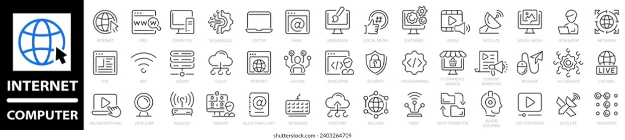 Iconos de Internet de 42 líneas. Juego de iconos de equipo de Internet. Tecnología de la información relacionada, computadora, red, sitio web, servidor, móvil, medios sociales, hardware, software y más. Ilustración vectorial.