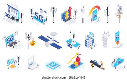 Internet 5G technology isometric icons set of modern net equipment speed growth diagrams and arrows isolated elements vector illustration