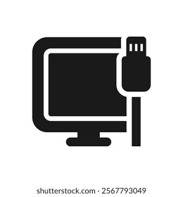 Internet access. Computer with ethernet plug icon flat style isolated on white background. Vector illustration