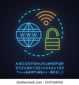 Internet access neon light concept icon. Free wifi idea. Wireless internet hotspot. Glowing sign with alphabet, numbers and symbols. Vector isolated illustration