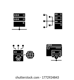 Internet accessibility black glyph icons set on white space. Secure access, protection bypassing service silhouette symbols. Safe and anonymous proxy server technologies. Vector isolated illustration