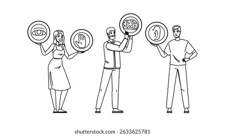 vetor do site de acessibilidade da internet. clique de acesso, mundo online, comunicação widescreen acessibilidade da internet personagem do site. pessoas linha preta desenho desenho ilustração