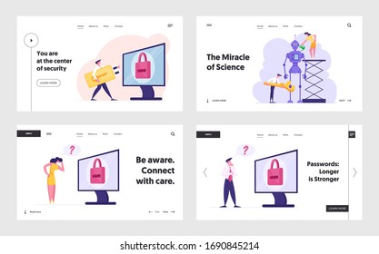 Juego de plantillas de la página de inicio de la protección de cuentas de Internet, seguridad web, tecnología robótica. Personas de negocios ingresan la contraseña en perfil privado en línea. Caracteres configuran robot. Ilustración de vectores de caricatura