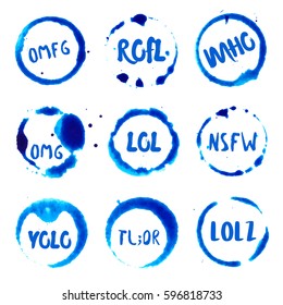 Internet Acronyms collection of round watercolor stains with lol, omg, omfg, rofl, imho, lulz, nsfw, tl;dr, yolo text. Set of vector Internet Acronyms stamps.