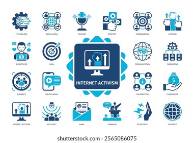 Internet Activism icon set. Communication, Boycott, Organizing, Resistance, Slacktivism, Influence, Social Media, Fundraising. Duotone color solid icons