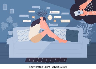 Internet addict suffering from mania, obsession with social media vector illustration. Cartoon crazy sad girl sitting on couch alone, hands with chain holding smartphone. Fixation, addiction concept