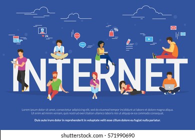 Internet addicted people concept illustration of men and women using devices such as laptop, smartphone, tablets. Flat design of people addicted to gadgets sitting on the letters with media symbols