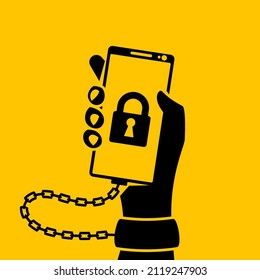 Internet addiction black icon. Hand in handcuff with chain holds smartphone. Nomophobia concept. Digital dependence detox. Habit of using social networks and media. Vector illustration flat design.