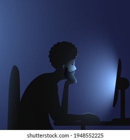 Internet addiction. A black man with an afro hairstyle and beard sits at a computer late at night. Vector flat illustration of people immersion to networks and spending time on the internet.