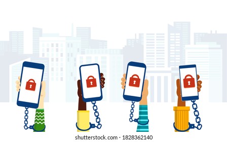 Internet addiction and cellphone addiction concept. Vector of children hands chained to smartphones