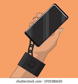 Ilustración de adicción a Internet y a la adicción al teléfono celular. Vector de manos encadenado a smartphones