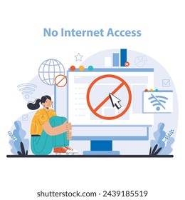 Internet addiction concept. The artwork poignantly showcases the feeling of isolation when deprived of internet access, challenging our dependency on digital connectivity. Flat vector illustration.