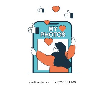 Concepto de adicción a Internet con situación de carácter. Las mujeres adictas a la atención en Internet, sufren por recolectar "me gusta" y comentarios. Ilustración vectorial con escenas de personas en diseño plano para web