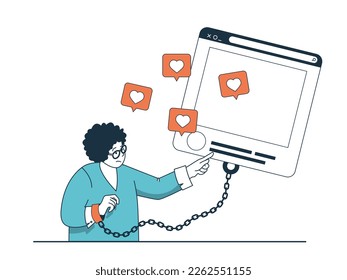 Concepto de adicción a Internet con situación de carácter. La mujer se encadenó a los gadgets y obsesionó la navegación y recolectó "me gusta" en las redes sociales. Ilustración vectorial con escenas de personas en diseño plano para web