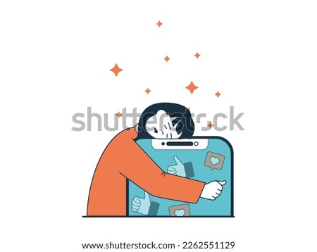 Internet addiction concept with character situation. Sad woman hugging her smartphone and obsessing over networking and audience attention. Vector illustration with people scene in flat design for web