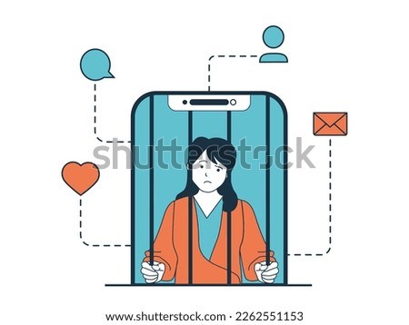 Internet addiction concept with character situation. Woman has addict for social networks and sits in smartphone like prisoner in cage. Vector illustration with people scene in flat design for web