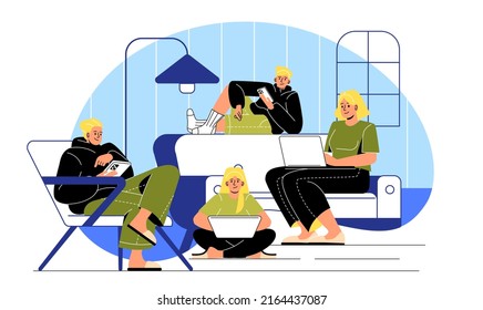 Internet addiction concept. Guys and girls with tablets and laptops sitting in room. Modern technologies and digital world. Gadgets and devices, wireless connection. Cartoon flat vector illustration