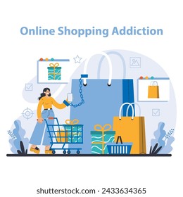 Internet addiction concept. Illustration highlights the inescapable lure of online shopping, depicting a consumer chained to a spree of endless purchases. Flat vector illustration.