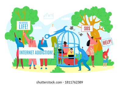 Concepto de adicción a Internet ilustración vectorial de los jóvenes usando dispositivos como laptop, smartphone, tablets. Gente adicta a los aparatos con símbolos adictos a los medios sociales, lemas de protesta.