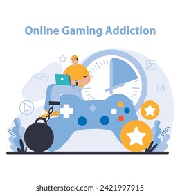 Internet addiction concept. A vivid illustration captures a gamer shackled to a controller, depicting the intense hold of online gaming addiction. Flat vector illustration.