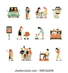 Internet addiction decorative icons set of people with smartphones during meeting driving walking working isolated vector illustration 